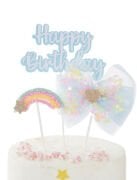 Pasta Üzeri Süs Happy Birthday Tüllü Gökkuşağı Temalı 3 Parça Mavi