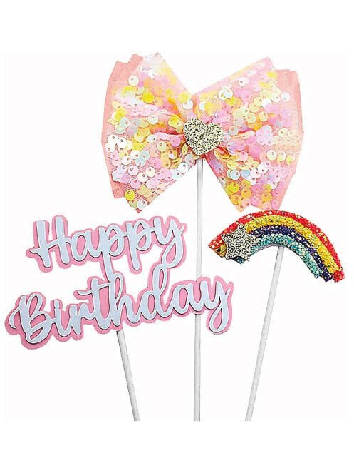 Pasta Üzeri Süs Happy Birthday Tüllü Gökkuşağı Temalı 3 Parça Pembe