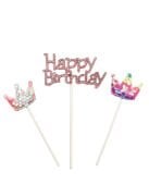 Pasta Üzeri Süs Çubuklu Happy Birthday Taşlı Pullu 3 Parça