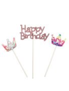 Pasta Üzeri Süs Çubuklu Happy Birthday Taşlı Pullu 3 Parça