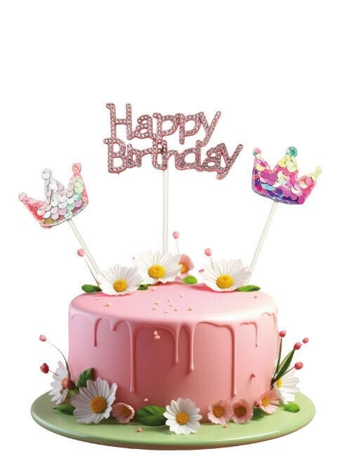 Pasta Üzeri Süs Çubuklu Happy Birthday Taşlı Pullu 3 Parça