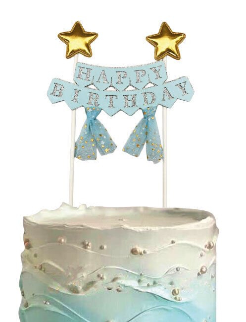 Pasta Üzeri Süs Çubuklu Happy Birthday Yıldızlı Tüllü Mavi