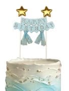 Pasta Üzeri Süs Çubuklu Happy Birthday Yıldızlı Tüllü Mavi