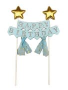 Pasta Üzeri Süs Çubuklu Happy Birthday Yıldızlı Tüllü Mavi