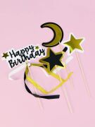 Pasta Üzeri Süs Çubuklu Happy Birthday Yıldızlı Kurdeleli 4 Parça