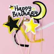 Pasta Üzeri Süs Çubuklu Happy Birthday Yıldızlı Kurdeleli 4 Parça