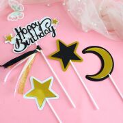 Pasta Üzeri Süs Çubuklu Happy Birthday Yıldızlı Kurdeleli 4 Parça