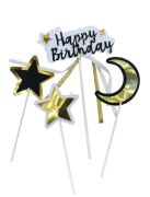 Pasta Üzeri Süs Çubuklu Happy Birthday Yıldızlı Kurdeleli 4 Parça