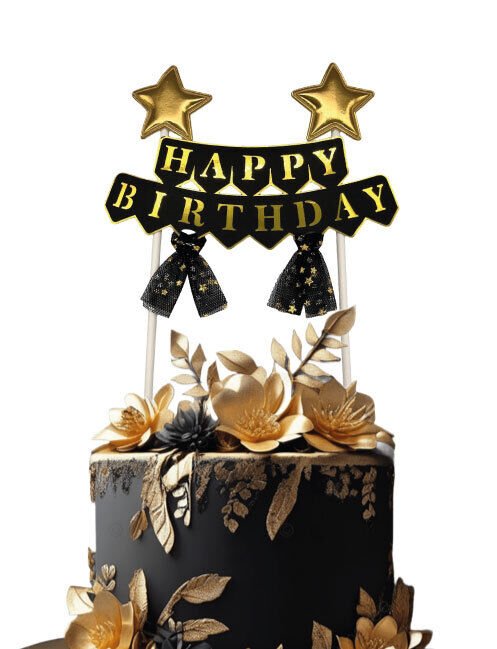 Pasta Üzeri Süs Çubuklu Happy Birthday Yıldızlı Tüllü Siyah