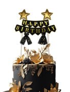 Pasta Üzeri Süs Çubuklu Happy Birthday Yıldızlı Tüllü Siyah