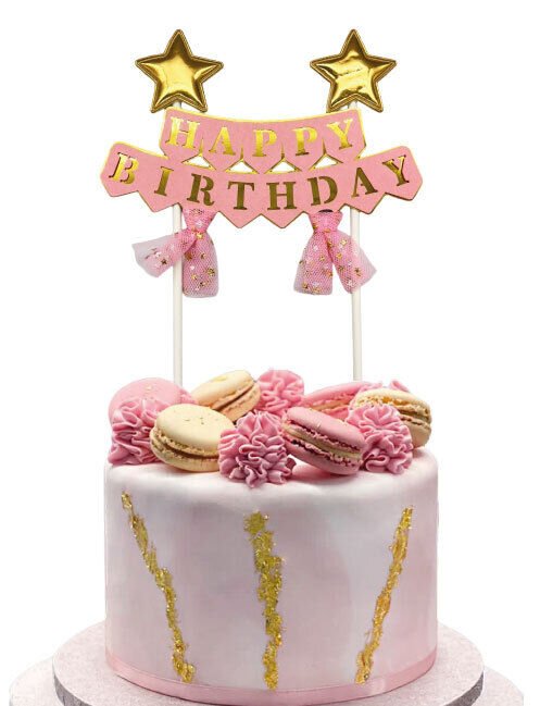 Pasta Üzeri Süs Çubuklu Happy Birthday Yıldızlı Tüllü Pembe