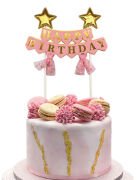 Pasta Üzeri Süs Çubuklu Happy Birthday Yıldızlı Tüllü Pembe