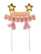 Pasta Üzeri Süs Çubuklu Happy Birthday Yıldızlı Tüllü Pembe
