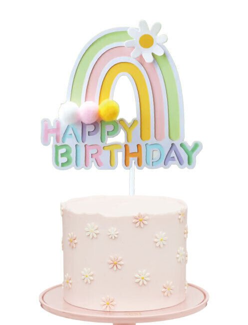 Pasta Üzeri Süs Çubuklu Happy Birthday Gökkuşağı Ponponlu Yeşil