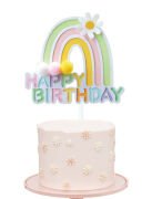 Pasta Üzeri Süs Çubuklu Happy Birthday Gökkuşağı Ponponlu Yeşil