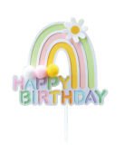 Pasta Üzeri Süs Çubuklu Happy Birthday Gökkuşağı Ponponlu Yeşil