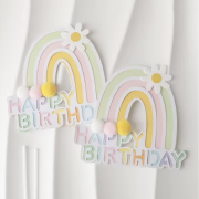 Pasta Üzeri Süs Çubuklu Happy Birthday Gökkuşağı Ponponlu Yeşil