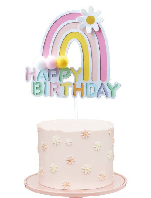 Pasta Üzeri Süs Çubuklu Happy Birthday Gökkuşağı Model Ponponlu Pembe