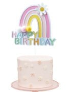 Pasta Üzeri Süs Çubuklu Happy Birthday Gökkuşağı Model Ponponlu Pembe