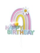 Pasta Üzeri Süs Çubuklu Happy Birthday Gökkuşağı Model Ponponlu Pembe