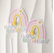 Pasta Üzeri Süs Çubuklu Happy Birthday Gökkuşağı Model Ponponlu Pembe