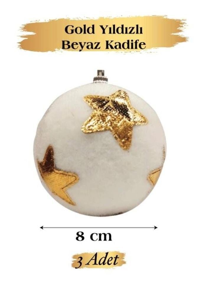 Yılbaşı Temalı Top Süs 8 cm Beyaz Kadife Üstüne Gold Yıldızlı 3 Parça 1810