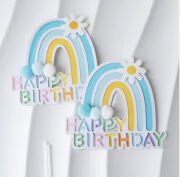 Pasta Üzeri Süs Çubuklu Happy Birthday Gökkuşağı Model Ponponlu Mavi