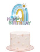 Pasta Üzeri Süs Çubuklu Happy Birthday Gökkuşağı Model Ponponlu Mavi