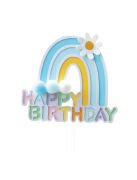 Pasta Üzeri Süs Çubuklu Happy Birthday Gökkuşağı Model Ponponlu Mavi