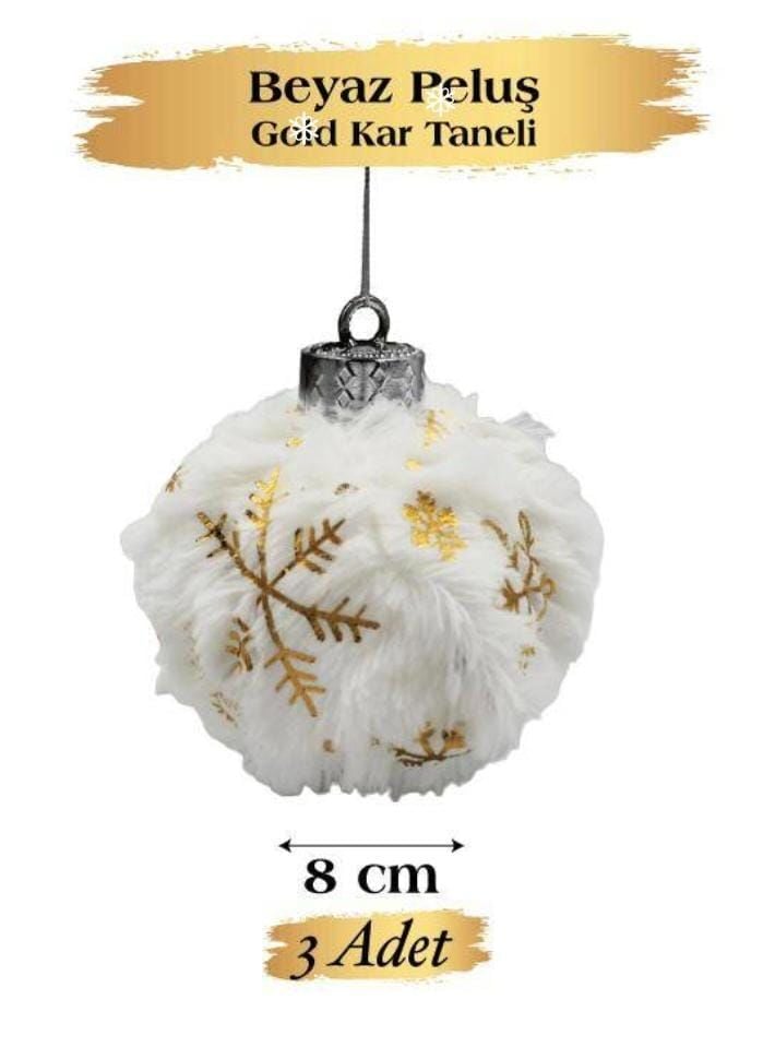 Yılbaşı Temalı Top Süs 8 cm Beyaz Peluş Gold Kar Tanesi 3 Parça 1803