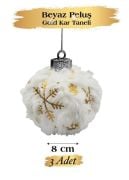 Yılbaşı Temalı Top Süs 8 cm Beyaz Peluş Gold Kar Tanesi 3 Parça 1803