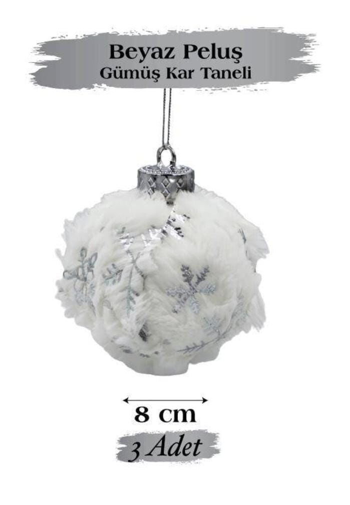 Yılbaşı Temalı Top Süs 8 cm Beyaz Peluş Gümüş Kar Tanesi 3 Parça 1804