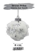 Yılbaşı Temalı Top Süs 8 cm Beyaz Peluş Gümüş Kar Tanesi 3 Parça 1804