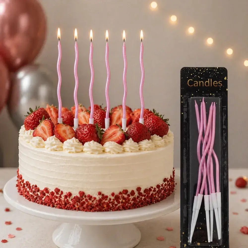 İnce mum 16 Cm Dalgalı Pembe Mum 12'li