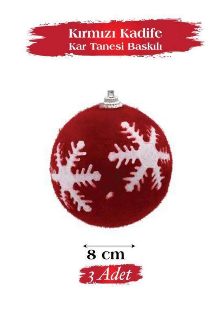 Yılbaşı Temalı Top Süs 8 Cm Kırmızı Kadife Beyaz Kar Tanesi Baskılı 3 Parça 1812