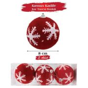 Yılbaşı Temalı Top Süs 8 Cm Kırmızı Kadife Beyaz Kar Tanesi Baskılı 3 Parça 1812