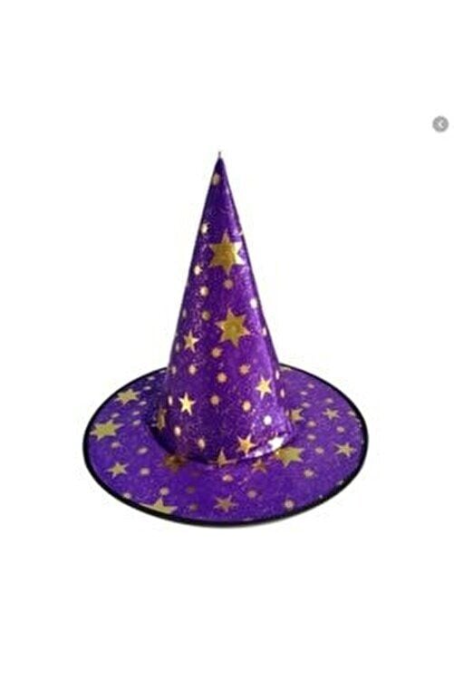 Halloween Kumaş cadı Şapkası Yıldızlı Mor