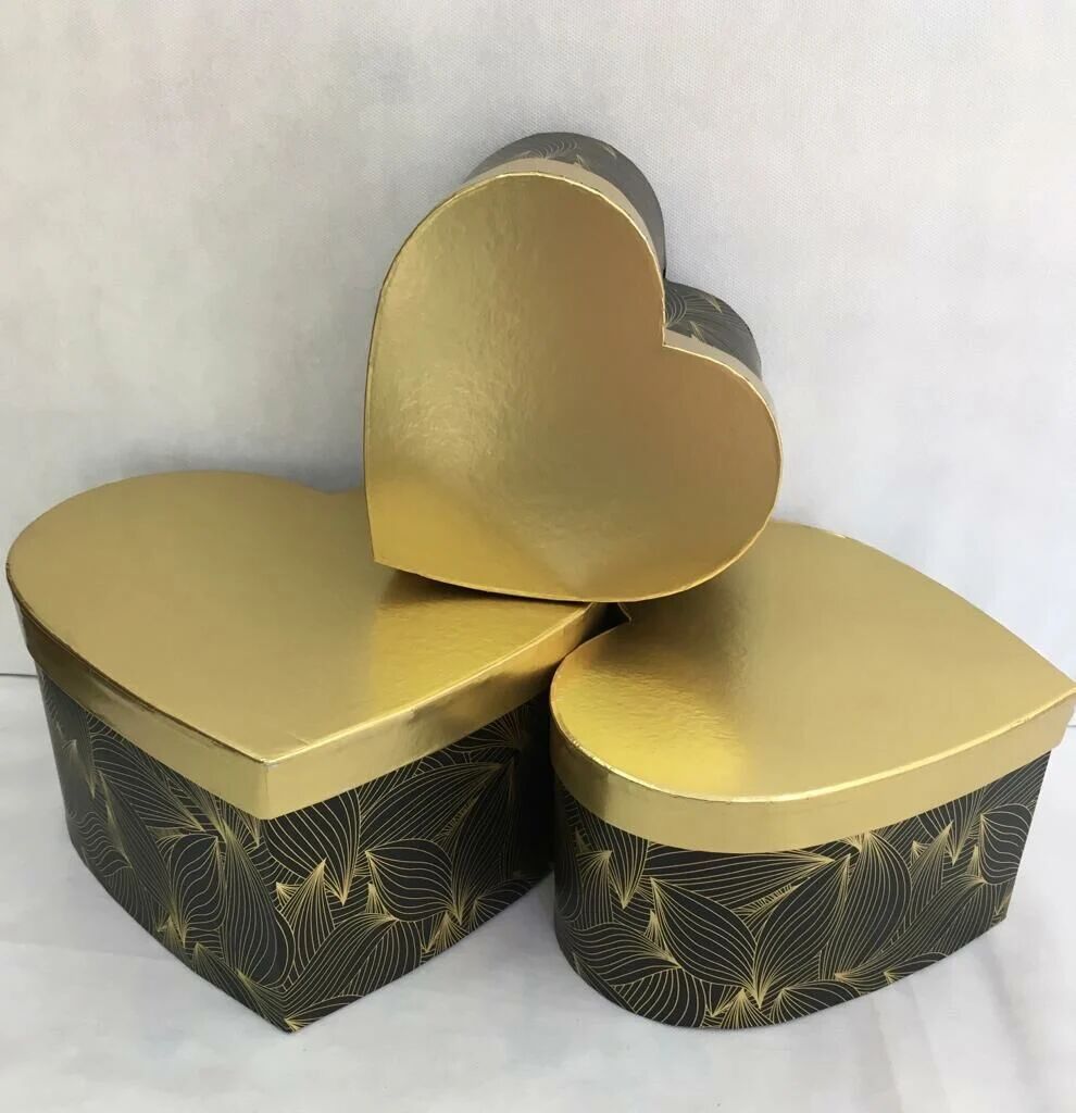Gold Kapaklı Siyah Yaprak Desenli 3'lü Kalp Kutu 5601