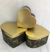 Gold Kapaklı Siyah Yaprak Desenli 3'lü Kalp Kutu 5601