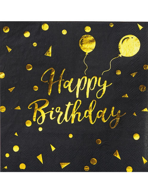 Siyah Gold Baskılı Happy Birthday  Peçete 20'li