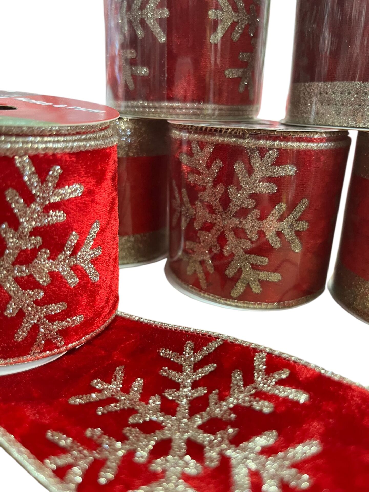 Yılbaşı Kadife Kırmızı Kurdele Kar Taneli 6,3*3 mt