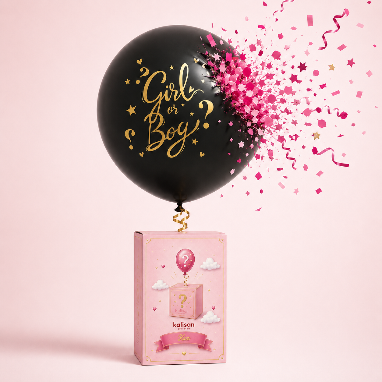 18'' Cinsiyet Balonu Ayaklı Girl Boy Gold Baskılı Pembe Konfetili