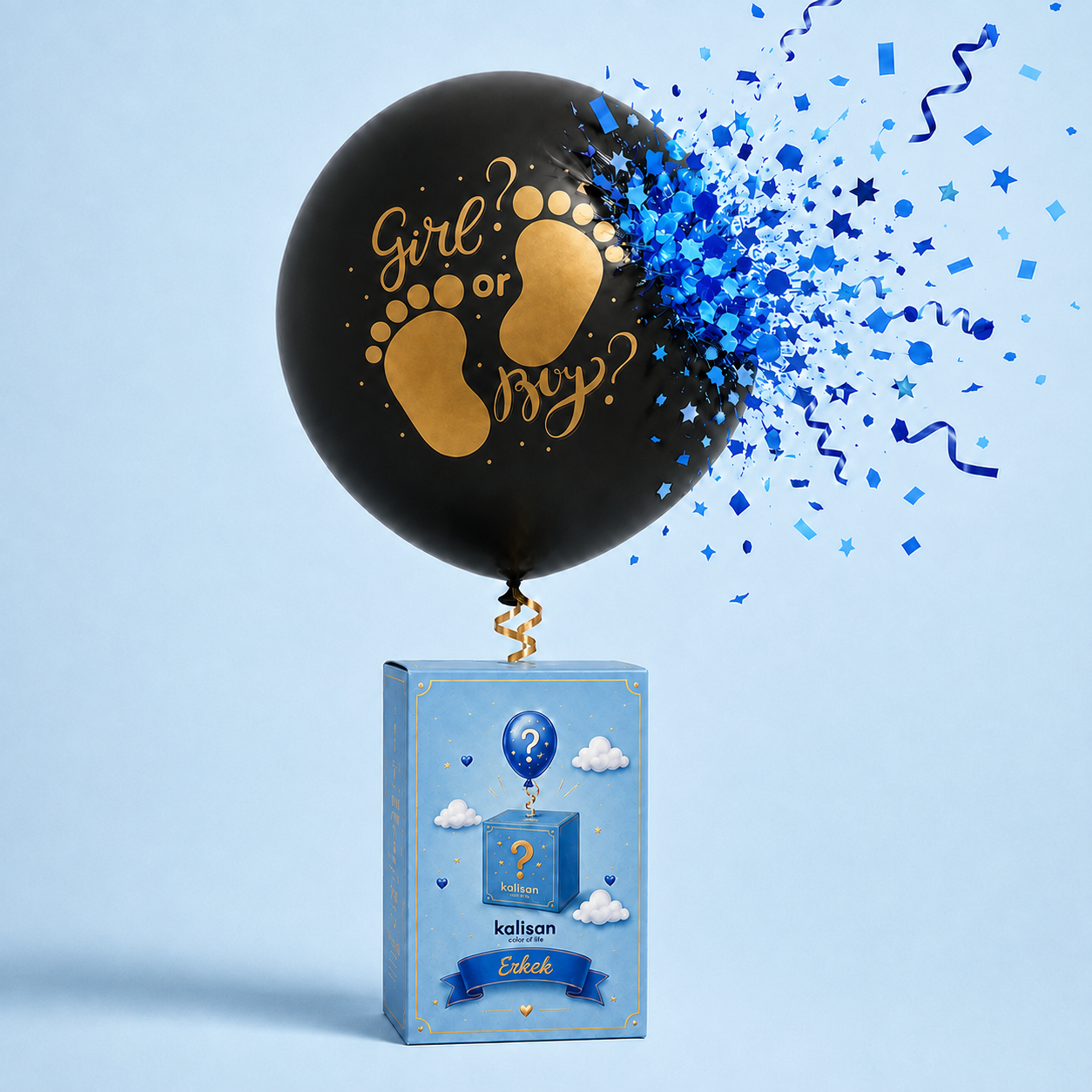 18 İnç Girl or Boy Gold Baskılı Ayaklı Cinsiyet Balonu – Mavi Konfetili