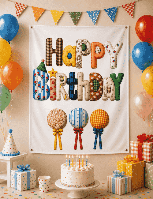 Happy Birthday Renkli Desenli Bez Afiş 100* 150