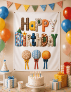 Happy Birthday Renkli Desenli Bez Afiş 100* 150
