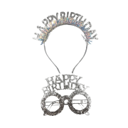 Happy Birthday Taç Gözlük Simli Gümüş Set