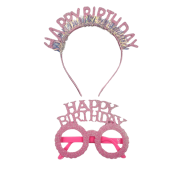 Happy Birthday Taç Gözlük Simli Pembe Set