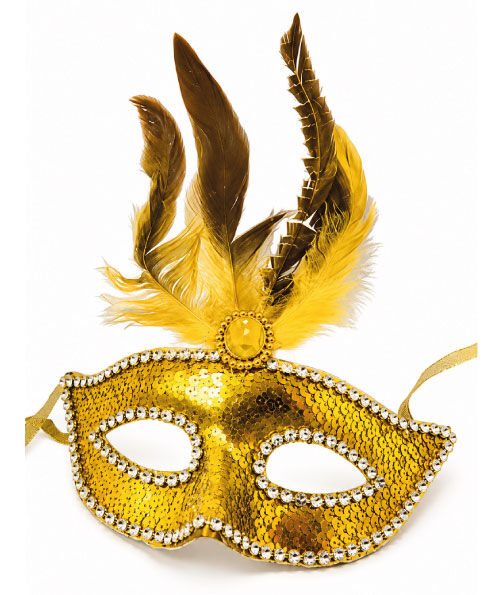 Maske Plastik Tüylü Taşlı Pullu Gold