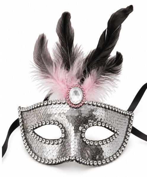 Maske Plastik Tüylü Taşlı Pullu Gümüş