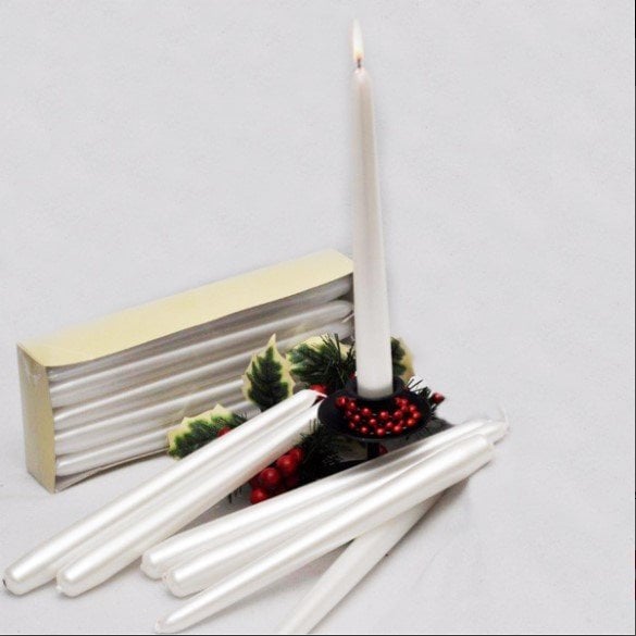 Varaklı Konik Şamdan Mum İnci Beyaz 10'lu Paket